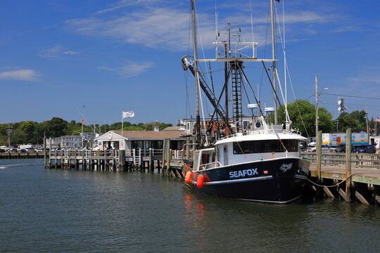 Hyannis, MA, USA - July 30th 2025 -  SeaFox fishing at port in Hyannis Inner Harbor, Cape Cod.  Viewed from the water