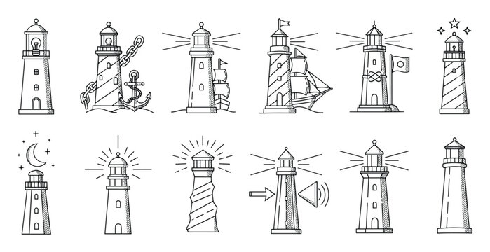 A collection of handdrawn outline lighthouse icons representing maritime navigation, coastal safety, and ocean adventure, perfect for web graphics, educational materials, and travel