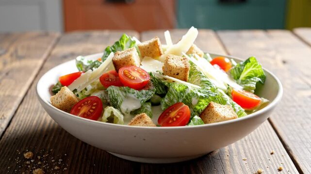 Delicious Caesar Salad Served in a White Bowl with Croutons, Tomatoes, and Cheese on a Wooden Table