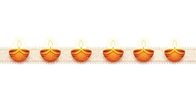 Golden diya lamps, traditional Indian festival lights, vector illustration, decorative border elements