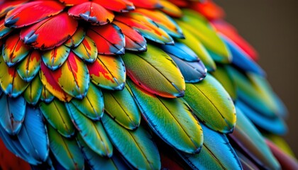 Obraz premium The image features a close up of a cluster of vibrantly colored bird feathers arranged in a overlapping pattern