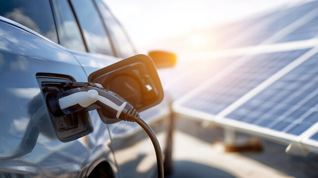 Electric car charging at a solar panel station under bright sunlight, sustainable energy concept.