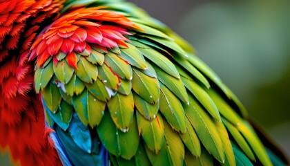 Obraz premium The image showcases a close up of a vibrantly colored bird's feathers, which transition smoothly through shades of red, orange, yellow, green, and blue