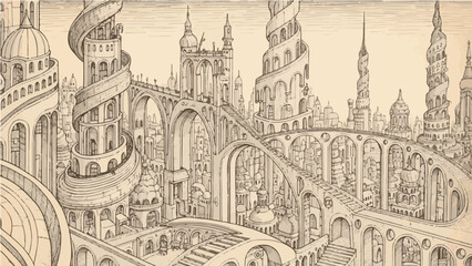 Obraz premium A detailed vector illustration of a medieval fantasy city with intricate architecture and ornate bridges