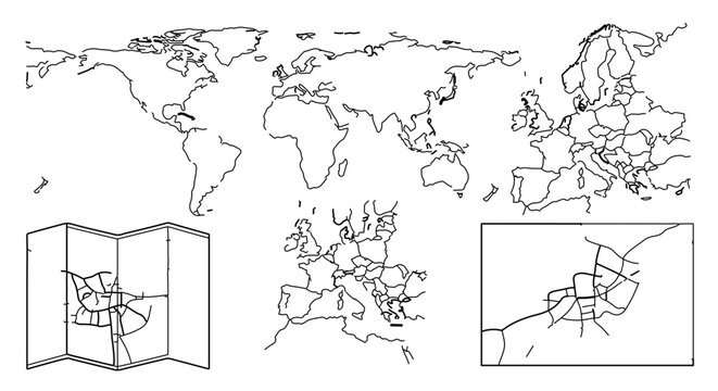 A minimalist vector graphic illustration of a world map with various inset maps and a folded map icon