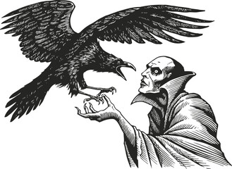 Obraz premium Vampire like character with raven on hand gothic horror figure interacting with large bird, dark fantasy illustration