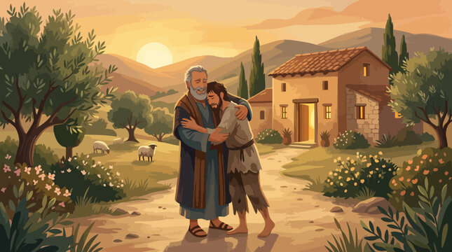 Father Welcomes Prodigal Son Home with Open Arms Forgiveness.
