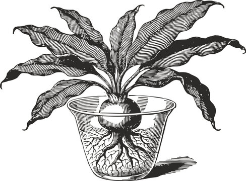 black and white botanical illustration of a plant with broad leaves and visible roots in a transparent pot