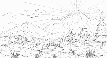 Obraz premium A serene mountain landscape with a sunburst and trees in a minimalist line art style