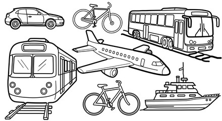 Naklejka premium A vector graphic illustration of various transportation modes including a car, bicycle, bus, airplane, train, and boat.