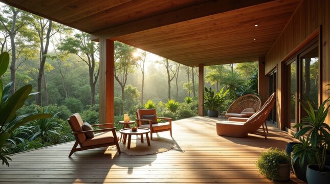 Interior de una casa tropical moderna con paredes abiertas