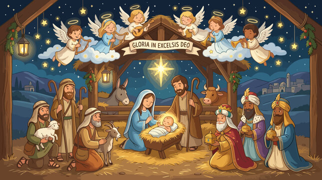 Traditional Christmas Nativity Scene with Holy Family and Wise Men.