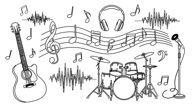 A minimalist vector illustration of a musician with a guitar and drum set surrounded by musical notes and sound waves