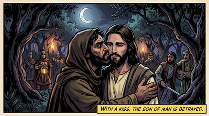 Fototapeta premium Judas Betrays Jesus with a Kiss in Garden.