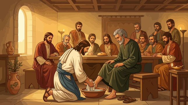 Jesus Washing Disciples Feet During The Last Supper.