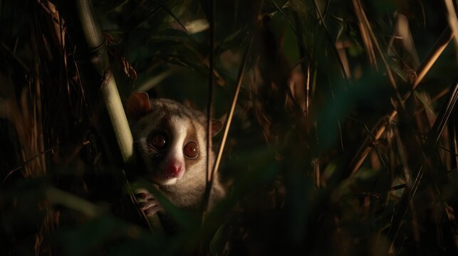 A delicate slow loris peeking from dense tropical foliage during twilight