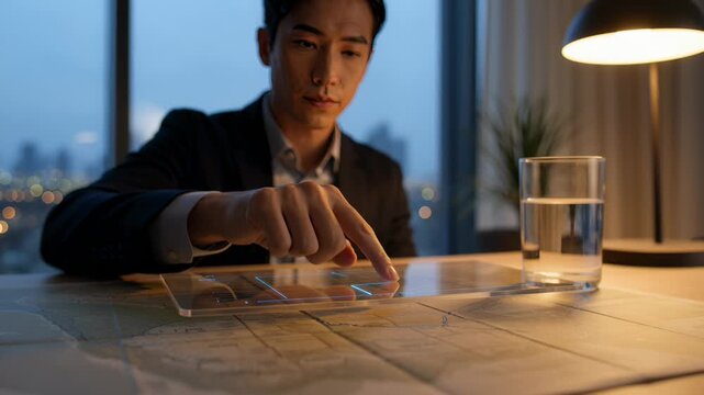 Asian Businessman Interacting With Transparent Futuristic Tablet Over a Map in a Modern Office at Night