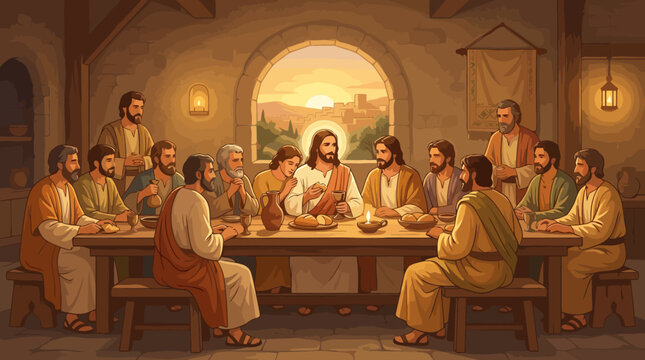 Jesus Christ and his disciples sharing the Last Supper.