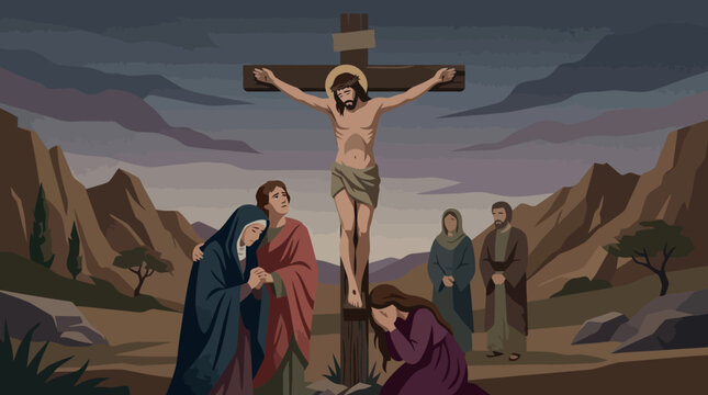 Jesus Christ Crucifixion Scene with Mourners on Calvary Hill.