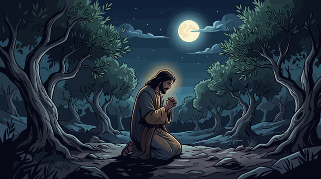 Jesus Christ Praying in Garden at Night Under Full Moon.