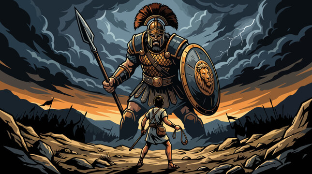 David and Goliath Biblical Battle Scene Illustration.