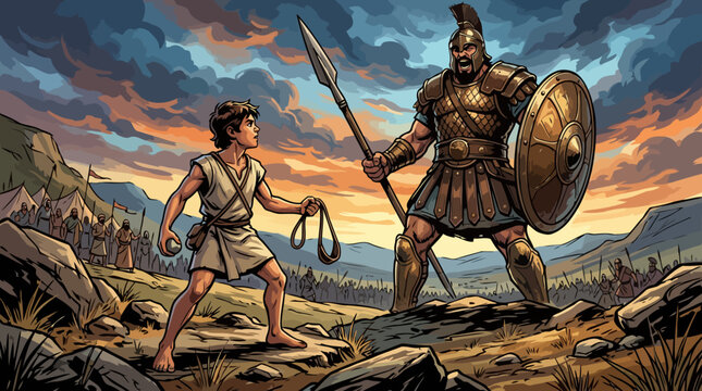 David and Goliath Biblical Battle Scene.