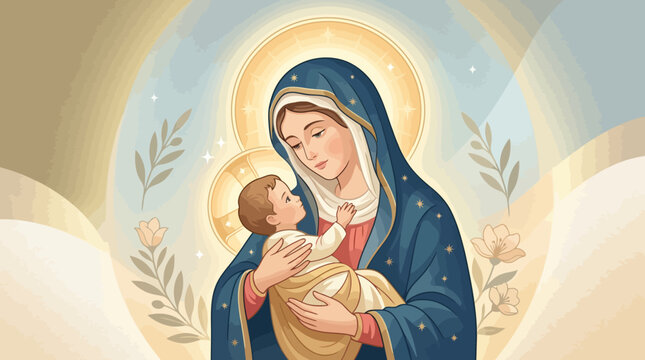 Blessed Virgin Mary holding baby Jesus in a loving embrace.