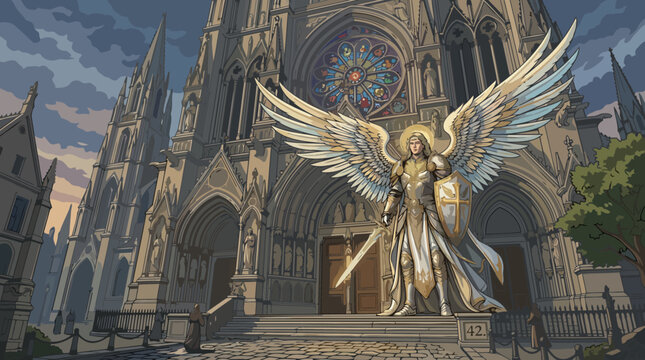 Majestic Golden Angel Statue with Grand Wings and Armor.