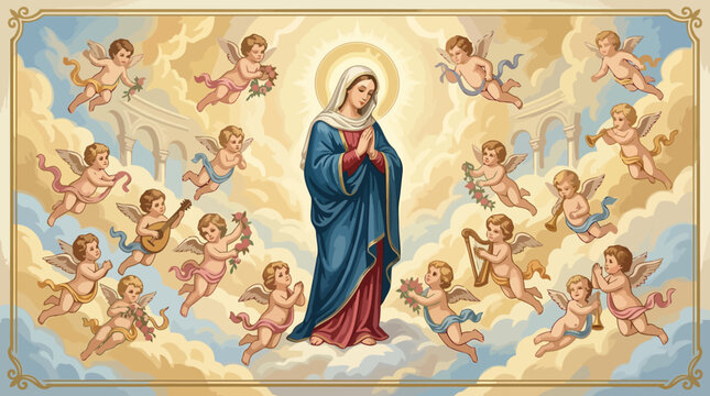 Blessed Virgin Mary Surrounded by Cherubs and Angels in Heavenly Scene.