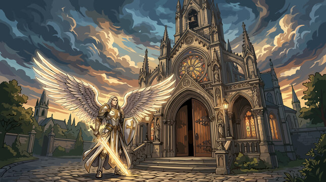 Majestic Angelic Warrior Standing Guard Before an Ornate Cathedral Entrance.