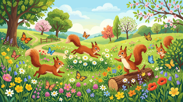 Playful Red Squirrels Frolic in a Vibrant Spring Meadow Landscape.
