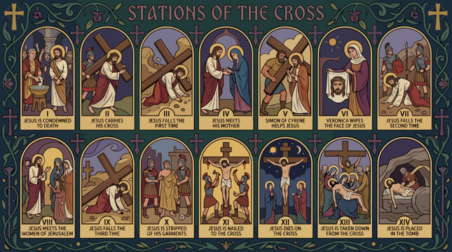 Stations of the Cross Depicting Jesus Christs Final Journey and Sacrifice.