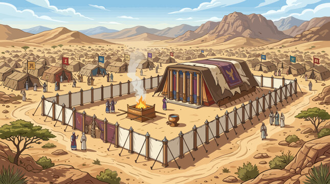 Ancient Israelite Tabernacle in Desert Landscape, Sacred Worship Place.
