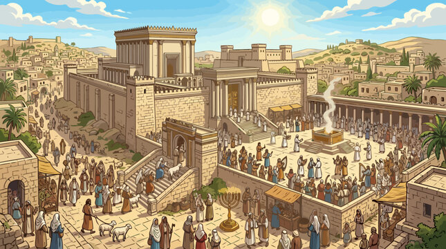 Ancient Jerusalem Temple Complex with Worshippers and Daily Life.