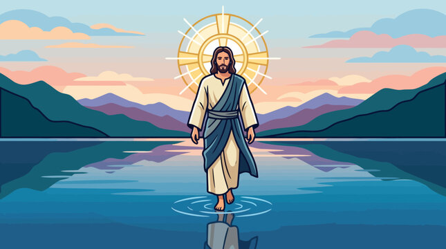 Jesus Christ Walking on Water with Radiant Halo and Reflection.