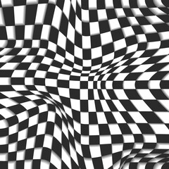 Obraz premium Checkered optical illusion background with black and white warped squares. Abstract distorted chessboard pattern with wavy motion effect. Minimalist geometric texture for modern poster or website