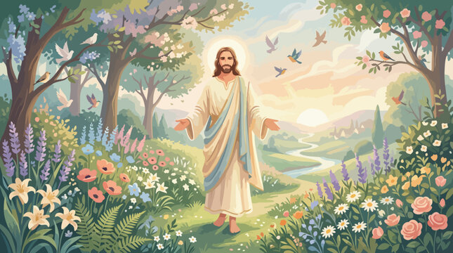 Jesus Christ Walking Through a Serene Garden.