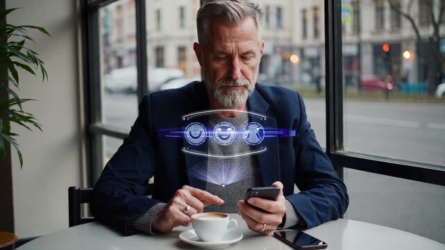Man uses smartphone at cafe. Senior businessman checks mobile app while sipping coffee. Beard and focused expression show concentration. Augmented icons float above cup showing interface. Calm vibe.