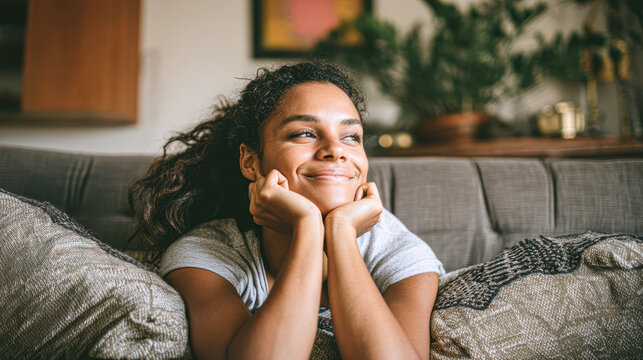 A young woman with curly hair smiles thoughtfully while resting her chin on her hands, sitting comfortably on a couch in a cozy, plant-filled living room.