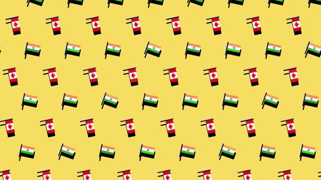 Animated diagonal pattern of Canada and India flags on a yellow background, seamless loop, multicultural theme.