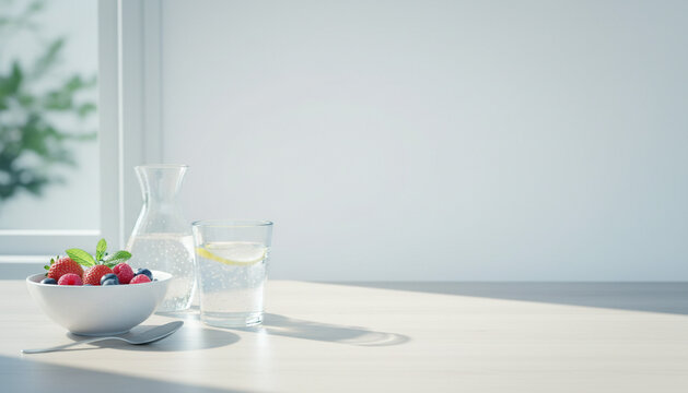 フルーツボウルと冷たい水が明るく並ぶ初夏のコピースペース