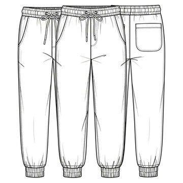 Set of sweatpants technical sketches with different pocket details