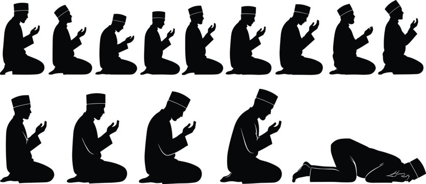 Muslim prayer silhouette collection showing man performing Islamic salah positions including sitting dua and prostration isolated vector illustration set for religious worship