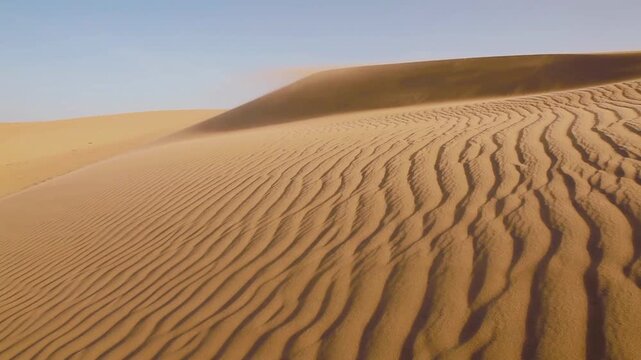 A dramatic aerial or ground-level view of the Sahara Desert in the Arabian region during a sandstorm. The footage captures golden dunes partially obscured by swirling sands, with wind-sculpted pattern