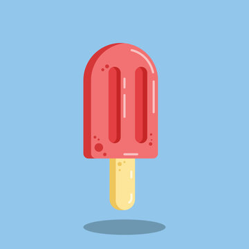 Pink red popsicle on stick with two slots on a light blue background. Summer frozen dessert flat vector illustration. Sweet fruit paleta treat with shadow.