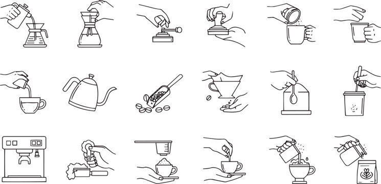 Coffee Brewing Process and Preparation Line Icons Set