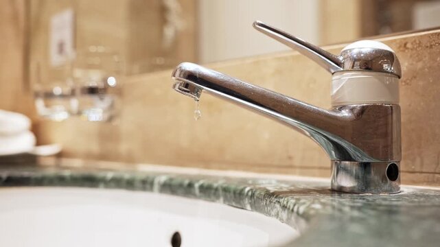 Modern chrome lever tap dripping water into a green marble vanity sink in a bathroom. Close up shot, shallow depth of field, slow motion video