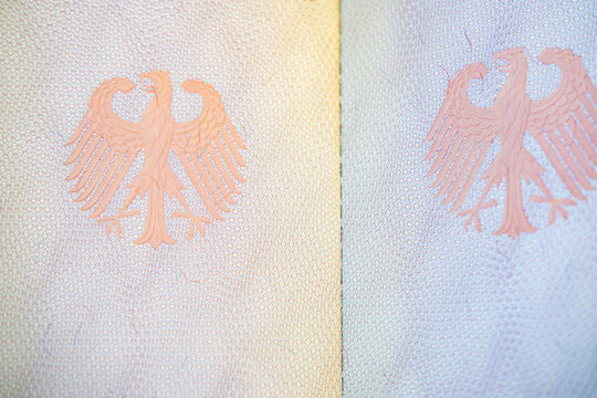 German Reisepass passports European Union, Close up double-headed eagle watermark on security document page, intricate guilloche pattern background, official government passport or ID texture,