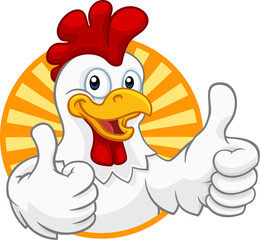 A chicken cartoon rooster cockerel character mascot giving a thumbs up. © Christos Georghiou