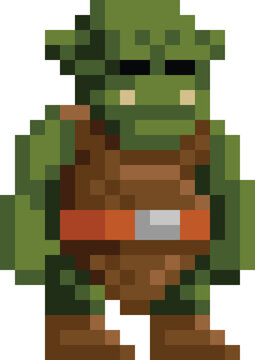 An orc, ork or troll ogre warrior fantasy cartoon character in a video game sprite pixel art style. 17 squares wide by 24 high.